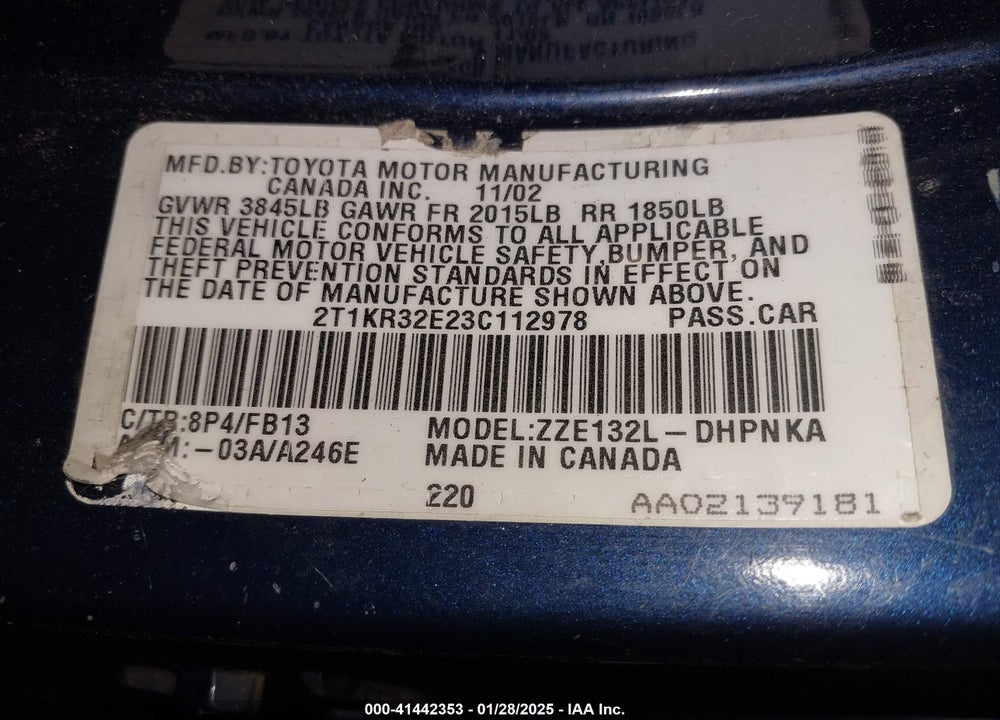 2003 TOYOTA MATRIX/XR VIN: 2T1KR32E23C112978