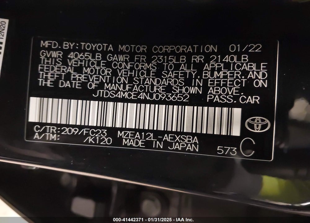 2022 TOYOTA COROLLA VIN: JTDS4MCE4NJ093652