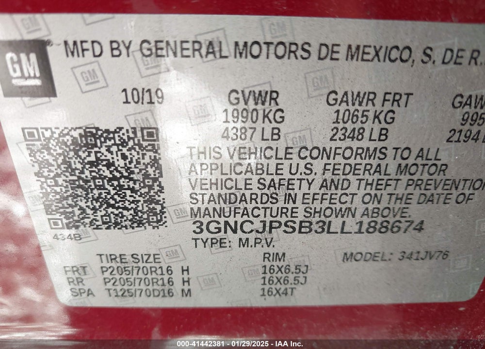 2020 CHEVROLET TRAX VIN: 3GNCJPSB3LL188674