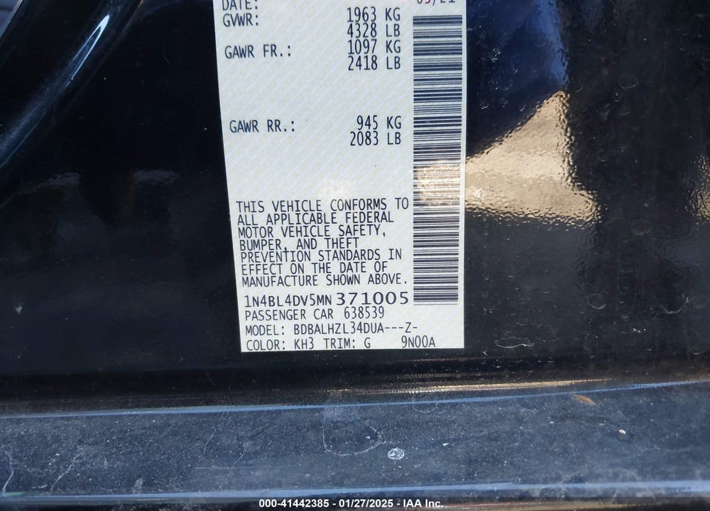 2021 NISSAN ALTIMA VIN: 1N4BL4DV5MN371005