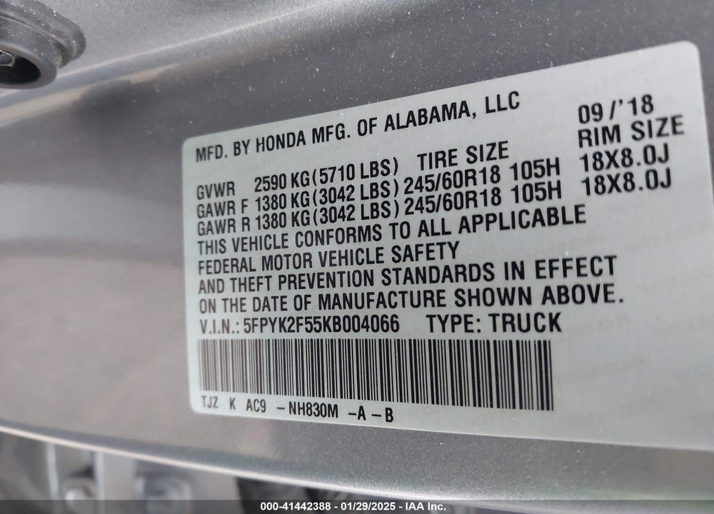 2019 HONDA RIDGELINE VIN: 5FPYK2F55KB004066