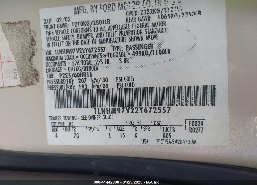 2002 LINCOLN CONTINENTAL VIN: 1LNHM97V22Y672557