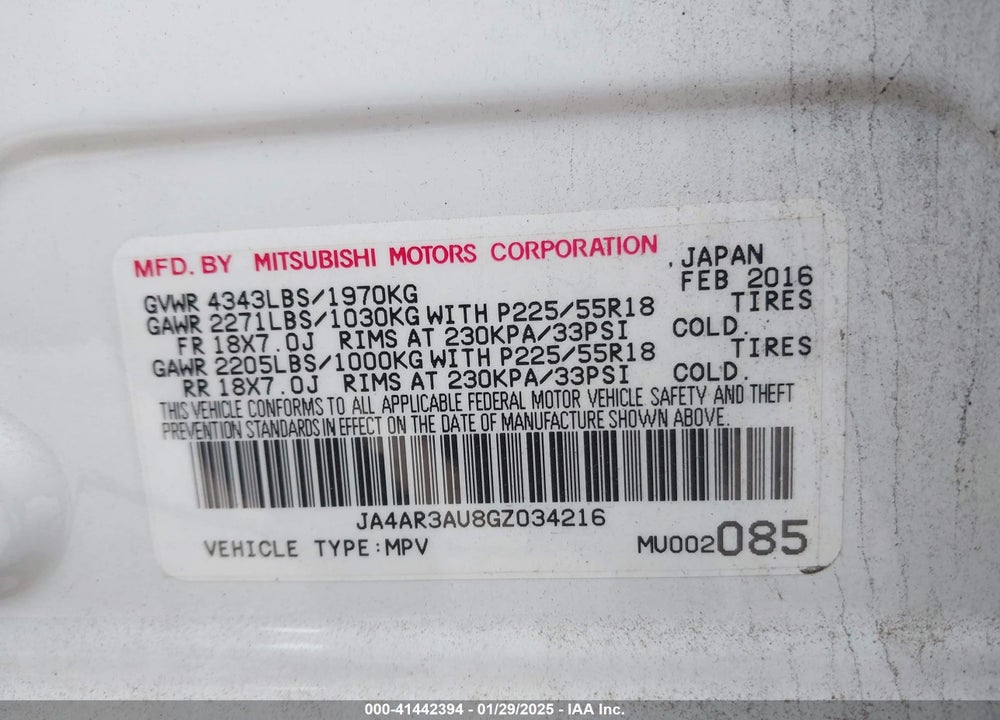 2016 MITSUBISHI OUTLANDER SPORT 2.0 ES VIN: JA4AR3AU8GZ034216