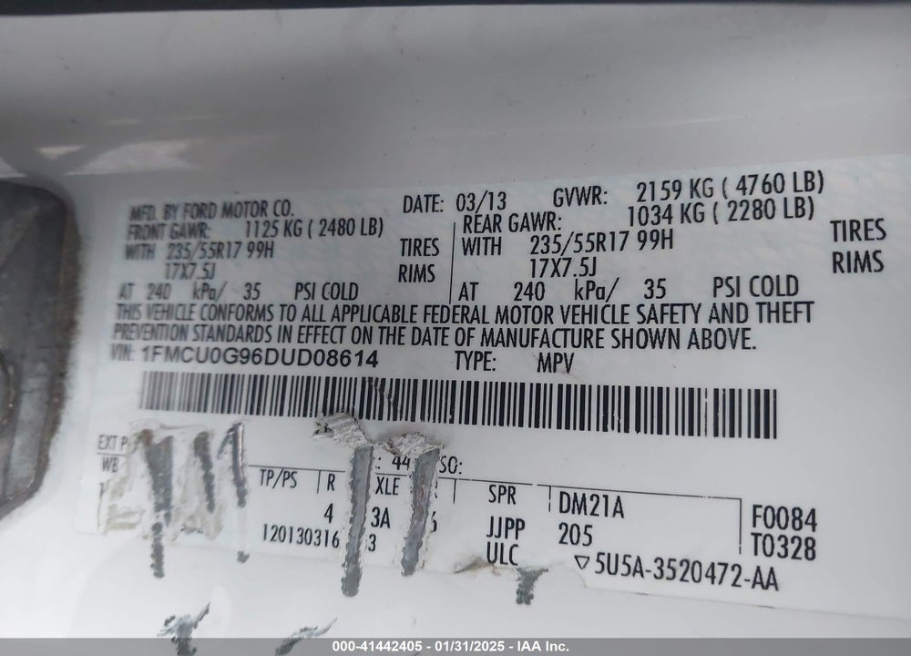 2013 FORD ESCAPE SE VIN: 1FMCU0G96DUD08614