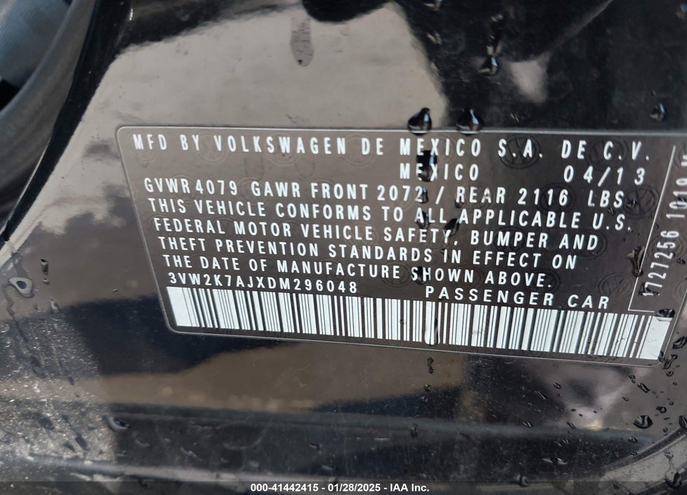 2013 VOLKSWAGEN JETTA VIN: 3VW2K7AJXDM296048
