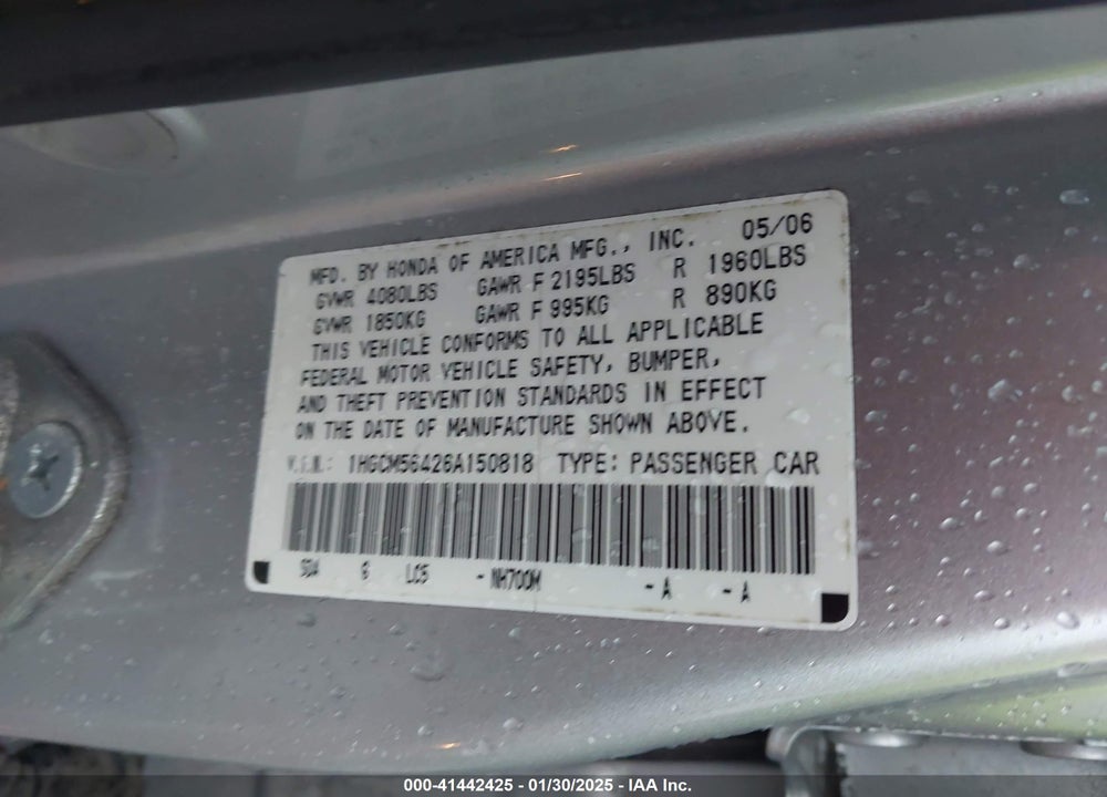 2006 HONDA ACCORD VIN: 1HGCM56426A150818