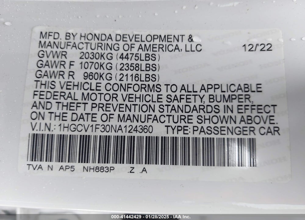 2022 HONDA ACCORD SPORT VIN: 1HGCV1F30NA124360