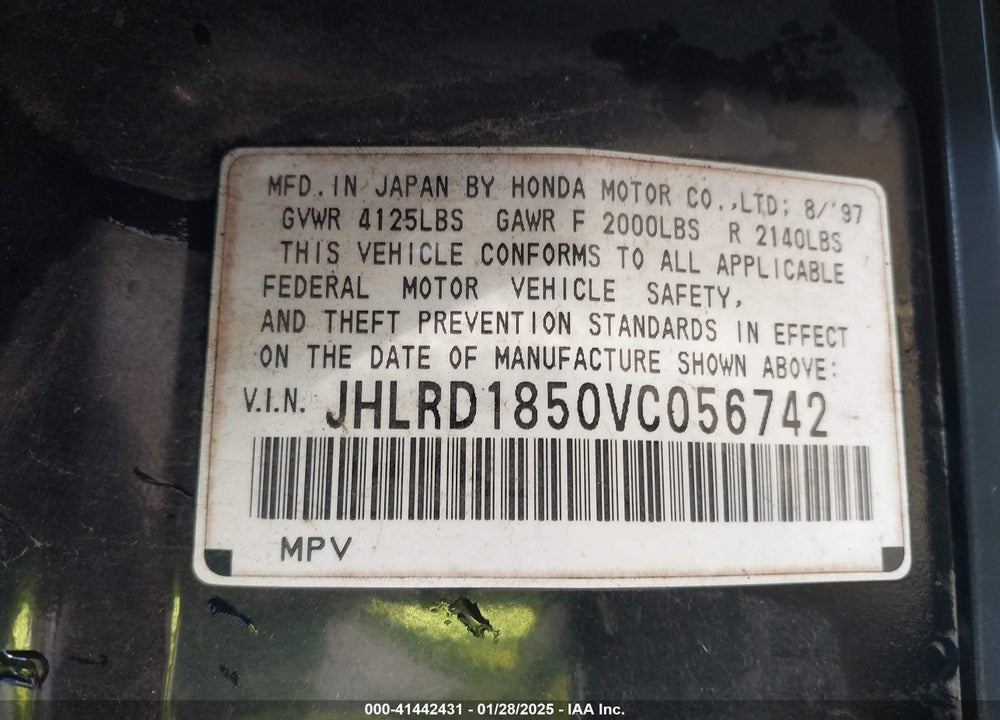1997 HONDA CR-V VIN: JHLRD1850VC056742