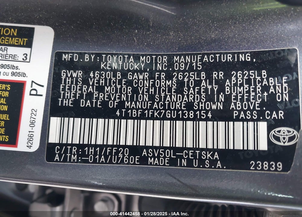 2016 TOYOTA CAMRY VIN: 4T1BF1FK7GU138154