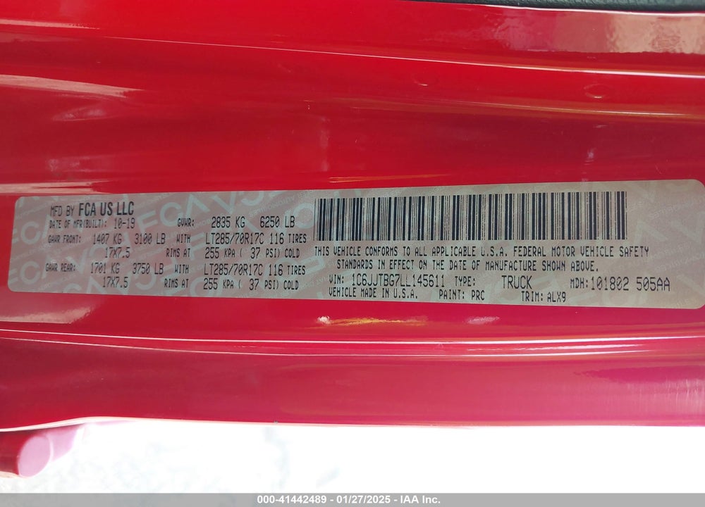 2020 JEEP GLADIATOR VIN: 1C6JJTBG7LL145611