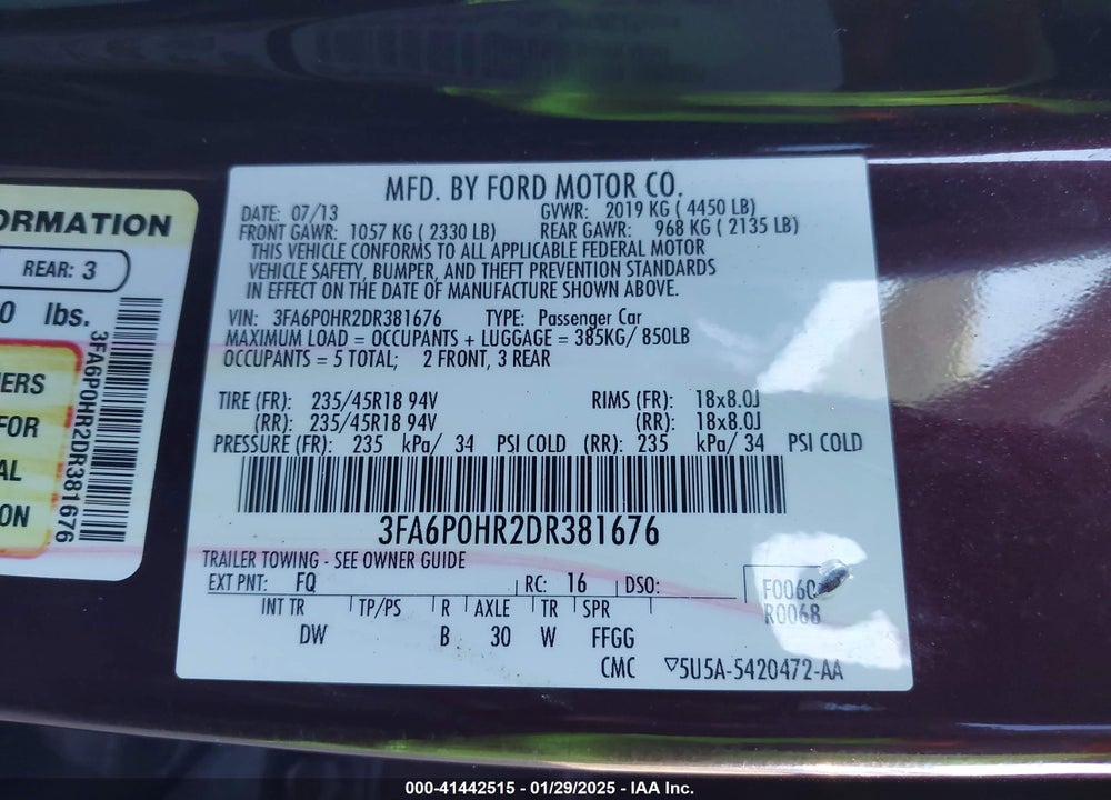 2013 FORD FUSION VIN: 3FA6P0HR2DR381676