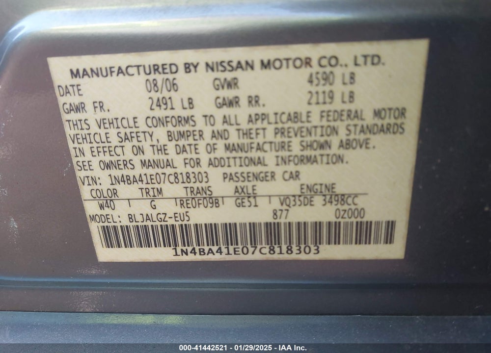 2007 NISSAN MAXIMA VIN: 1N4BA41E07C818303