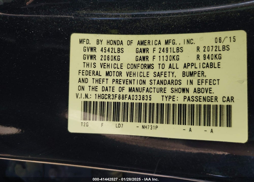 2015 HONDA ACCORD VIN: 1HGCR3F88FA033835