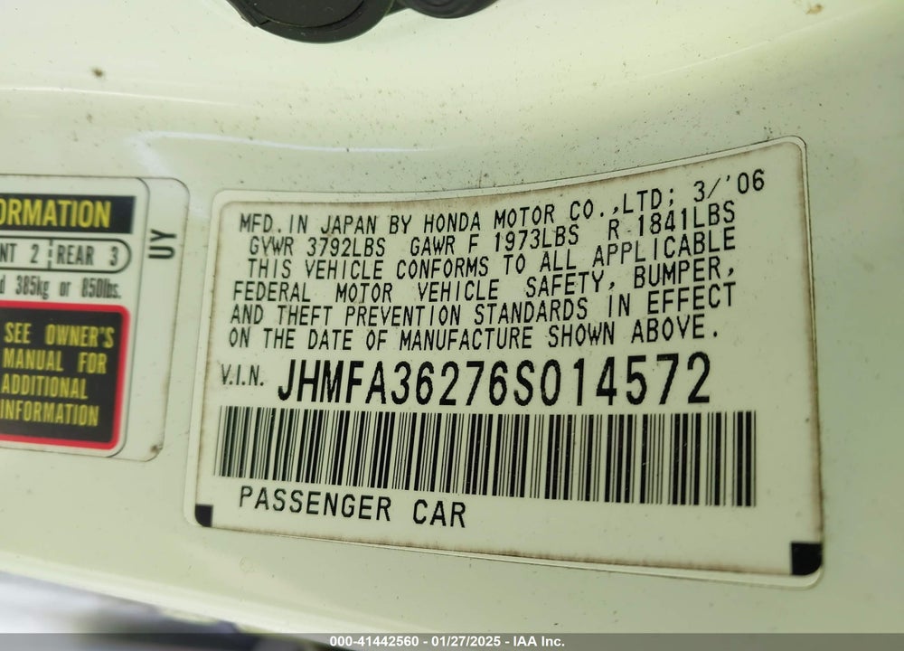 2006 HONDA CIVIC HYBRID VIN: JHMFA36276S014572