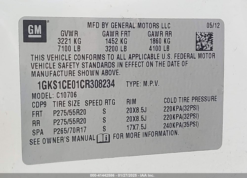 2012 GMC YUKON SLT VIN: 1GKS1CE01CR308234