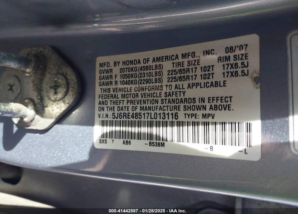 2007 HONDA CR-V EX VIN: 5J6RE48517L013116