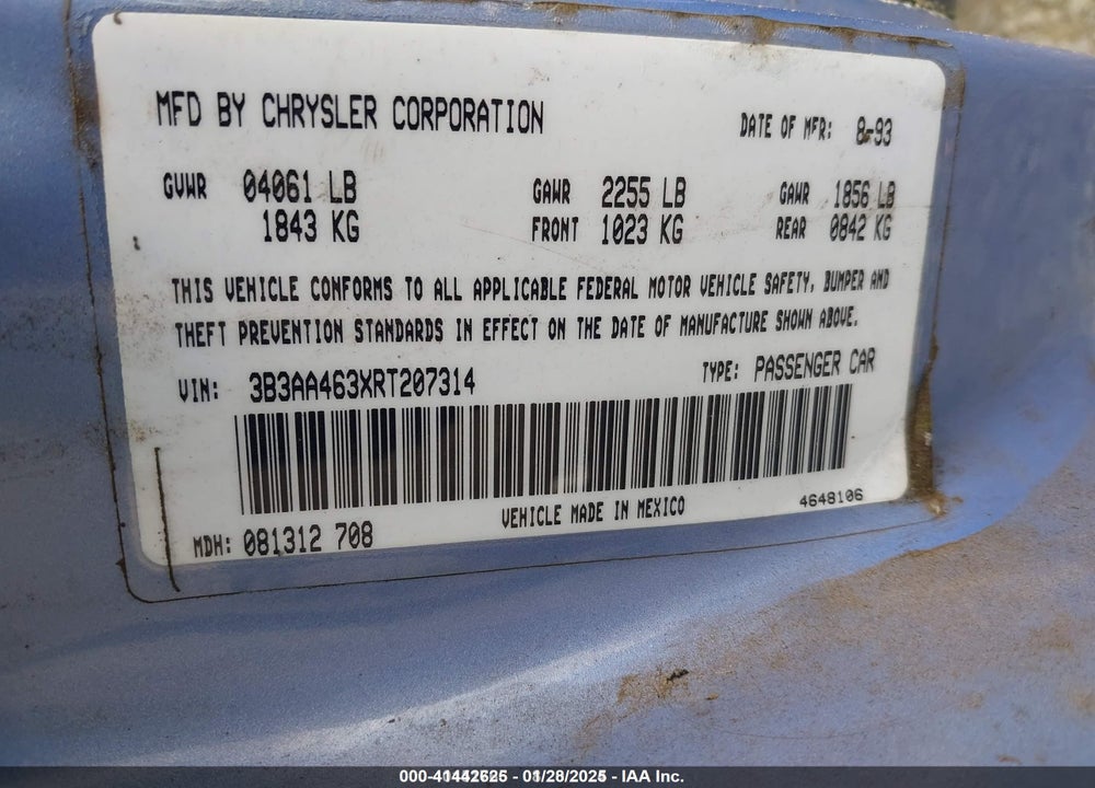 1994 DODGE SPIRIT VIN: 3B3AA463XRT207314