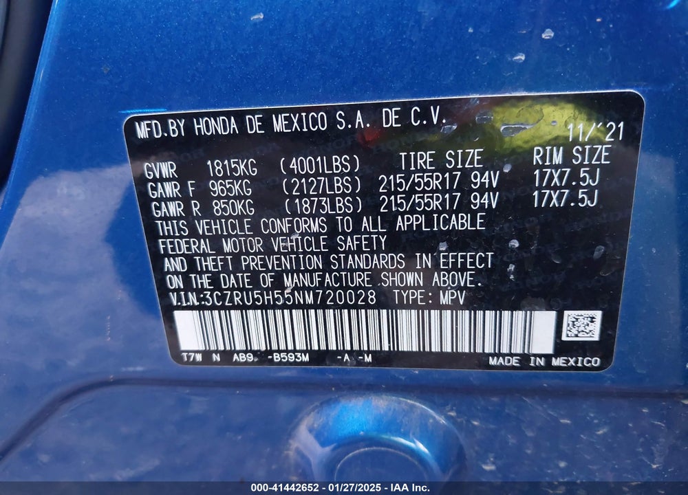 2022 HONDA HR-V 2WD EX VIN: 3CZRU5H55NM720028