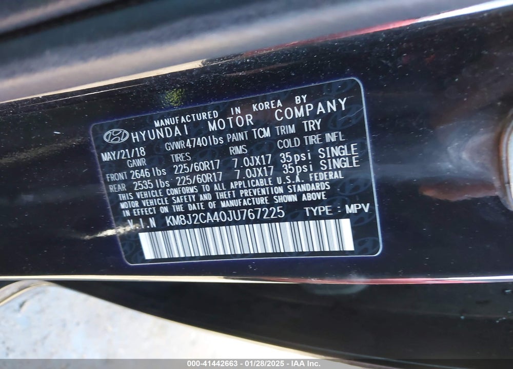 2018 HYUNDAI TUCSON SE VIN: KM8J2CA40JU767225