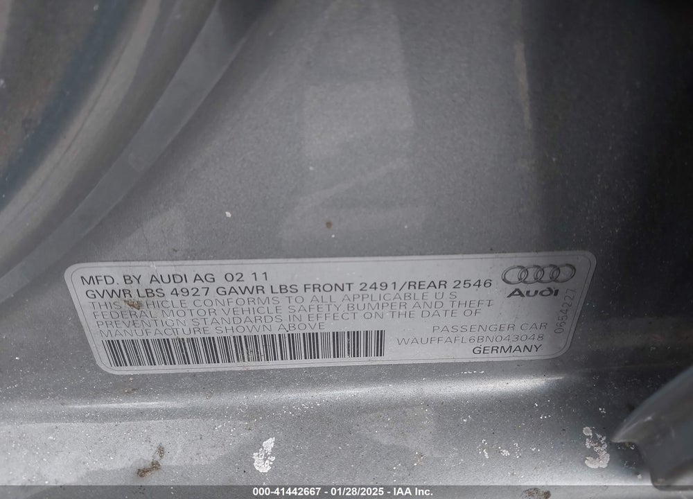 2011 AUDI A4 2.0T PREMIUM VIN: WAUFFAFL6BN043048