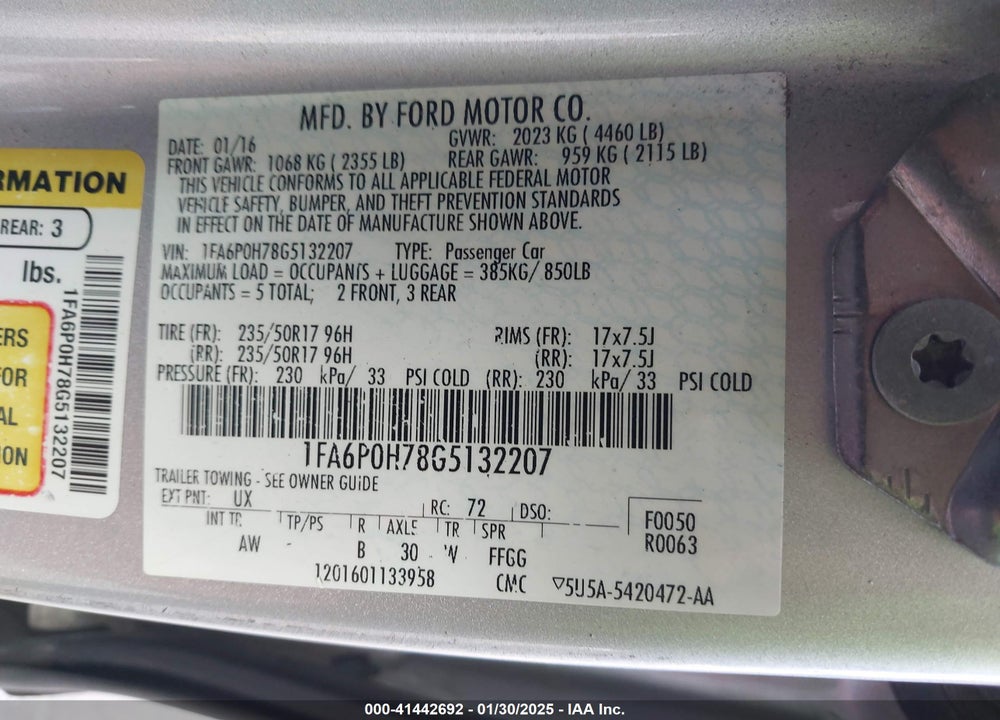 2016 FORD FUSION VIN: 1FA6P0H78G5132207
