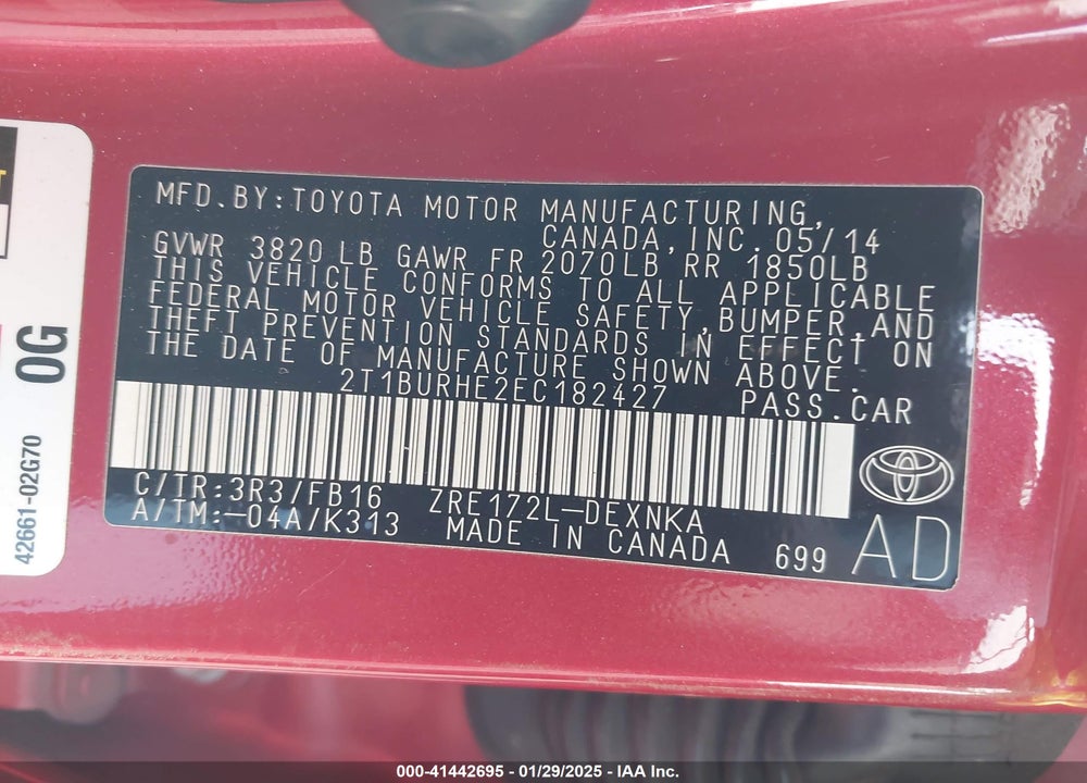 2014 TOYOTA COROLLA VIN: 2T1BURHE2EC182427