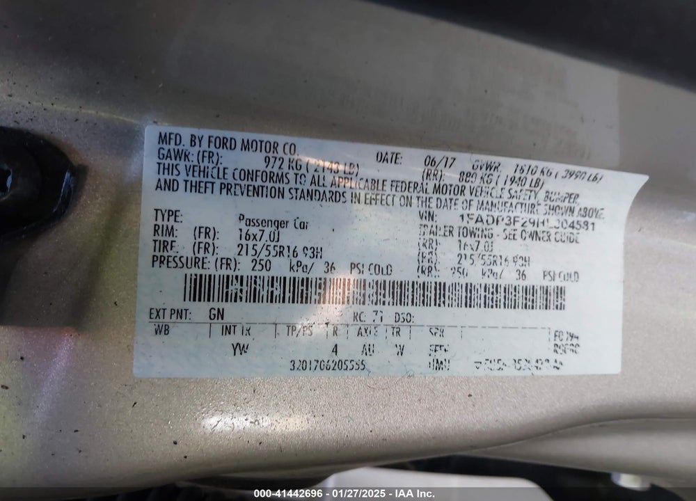 2017 FORD FOCUS VIN: 1FADP3F29HL304581