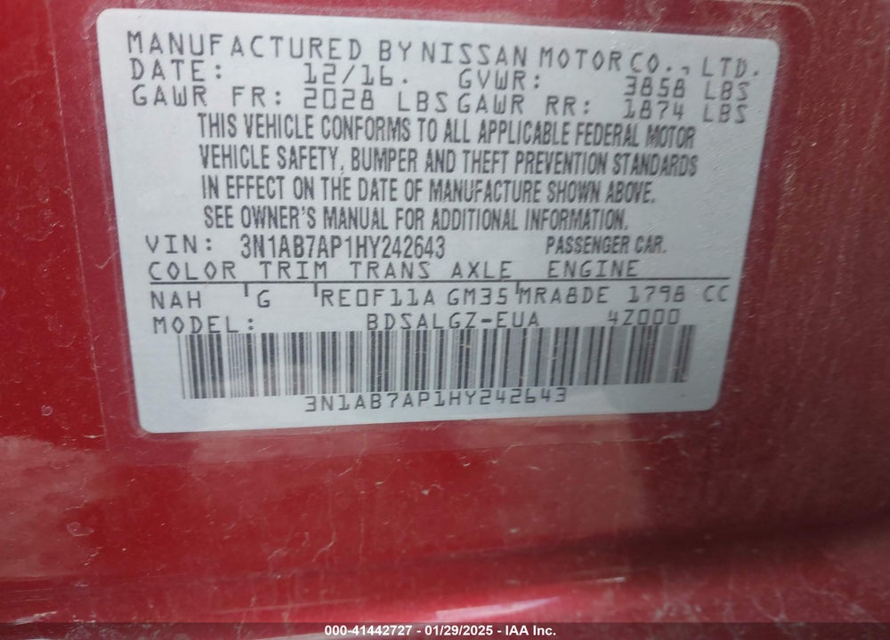 2017 NISSAN SENTRA VIN: 3N1AB7AP1HY242643