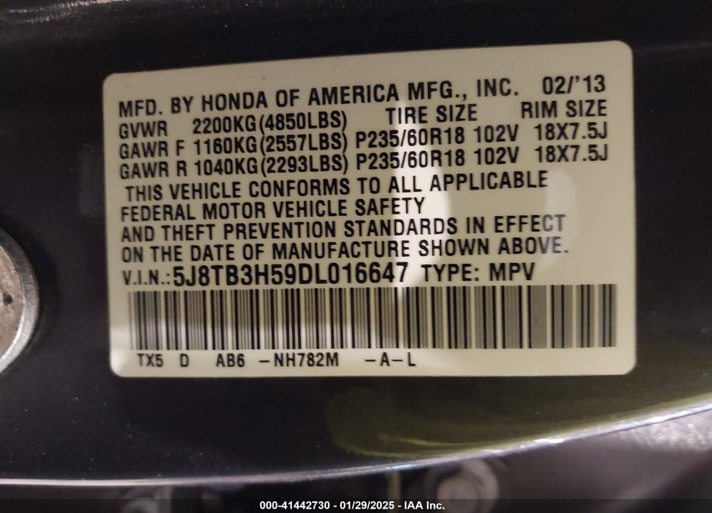 2013 ACURA RDX VIN: 5J8TB3H59DL016647