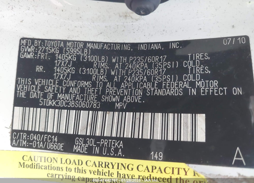 2011 TOYOTA SIENNA LE V6 VIN: 5TDKK3DC3BS060783
