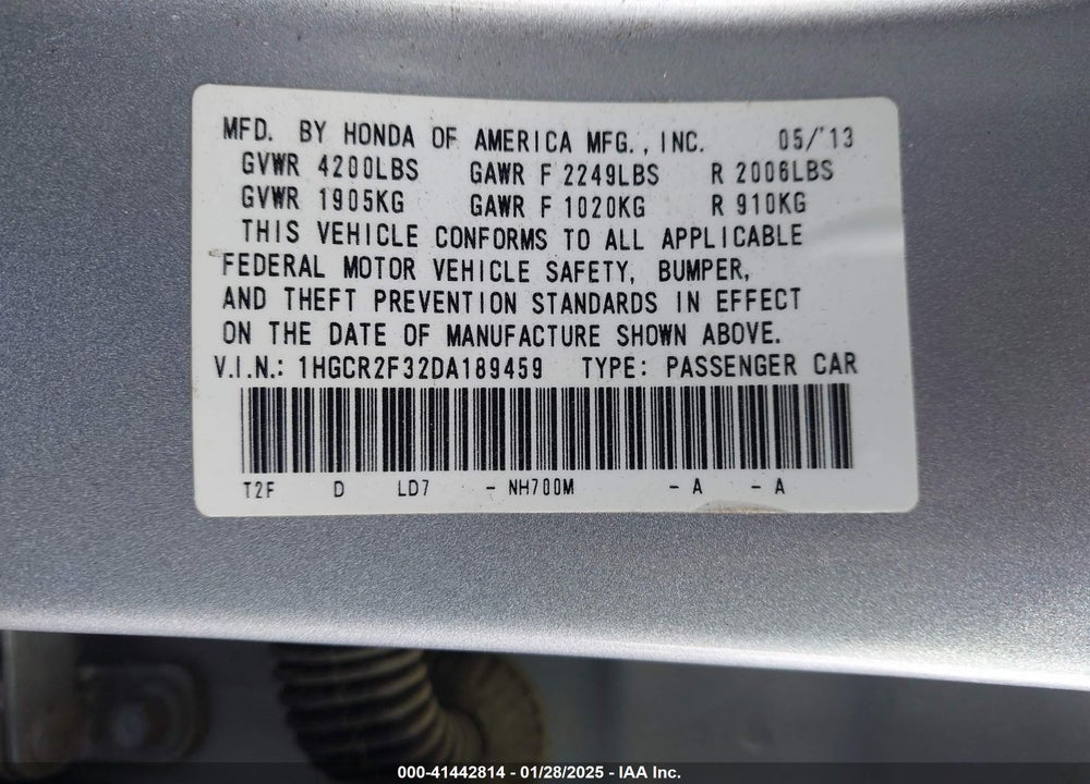 2013 HONDA ACCORD VIN: 1HGCR2F32DA189459