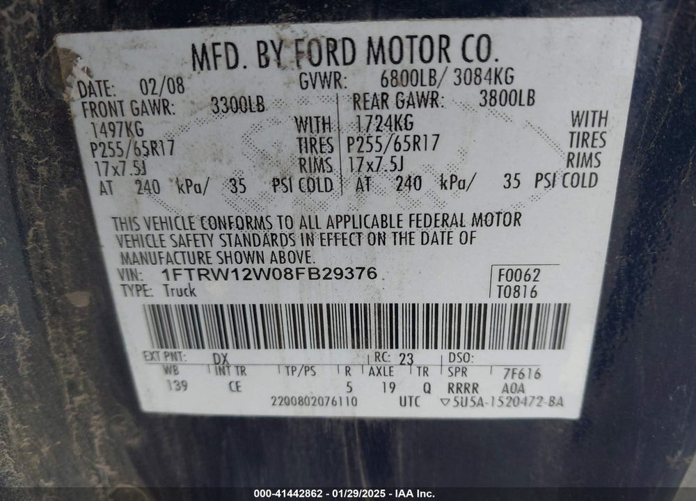 2008 FORD F-150 VIN: 1FTRW12W08FB29376