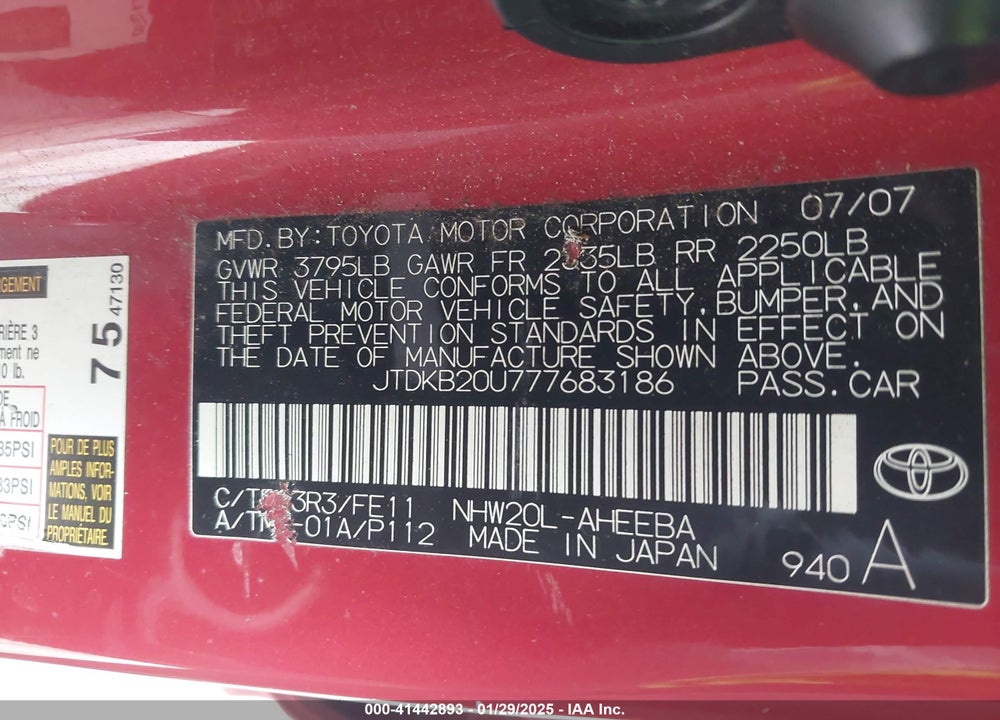 2007 TOYOTA PRIUS VIN: JTDKB20U777683186