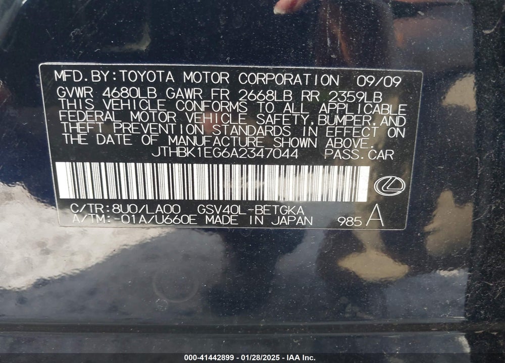 2010 LEXUS ES 350 BASE (A6) VIN: JTHBK1EG6A2347044
