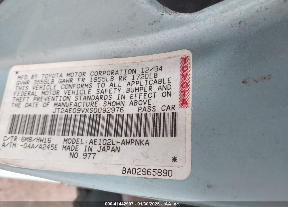 1995 TOYOTA COROLLA DX VIN: JT2AE09VXS0092976