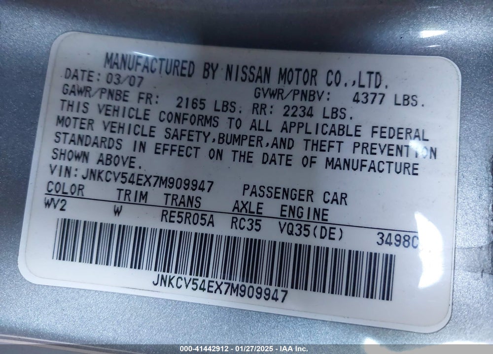 2007 INFINITI G35 VIN: JNKCV54EX7M909947