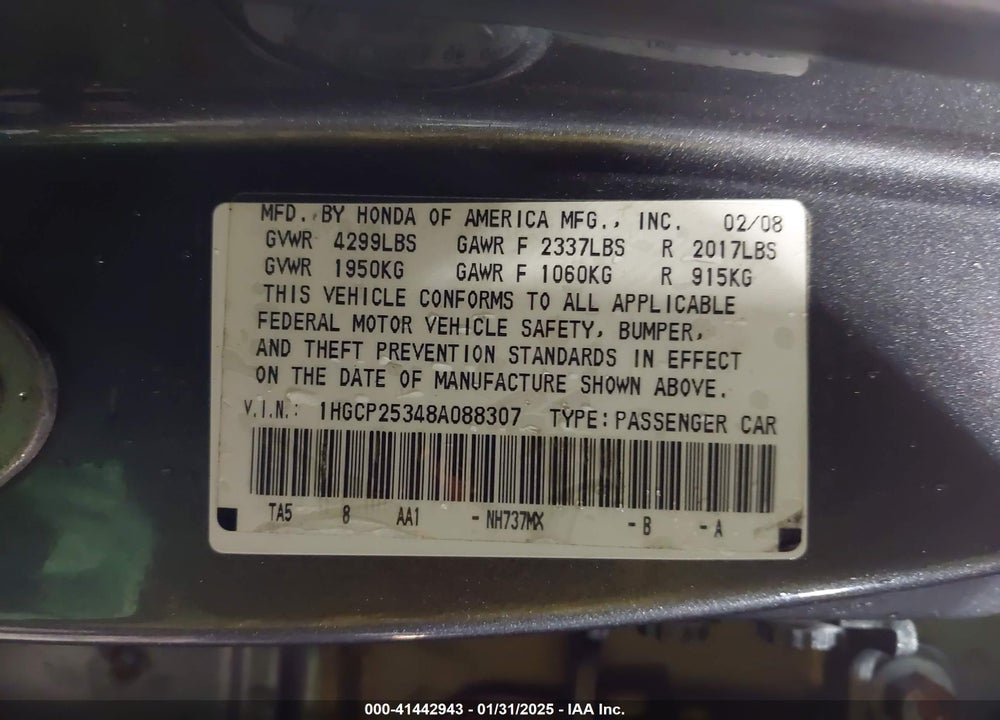 2008 HONDA ACCORD VIN: 1HGCP25348A088307