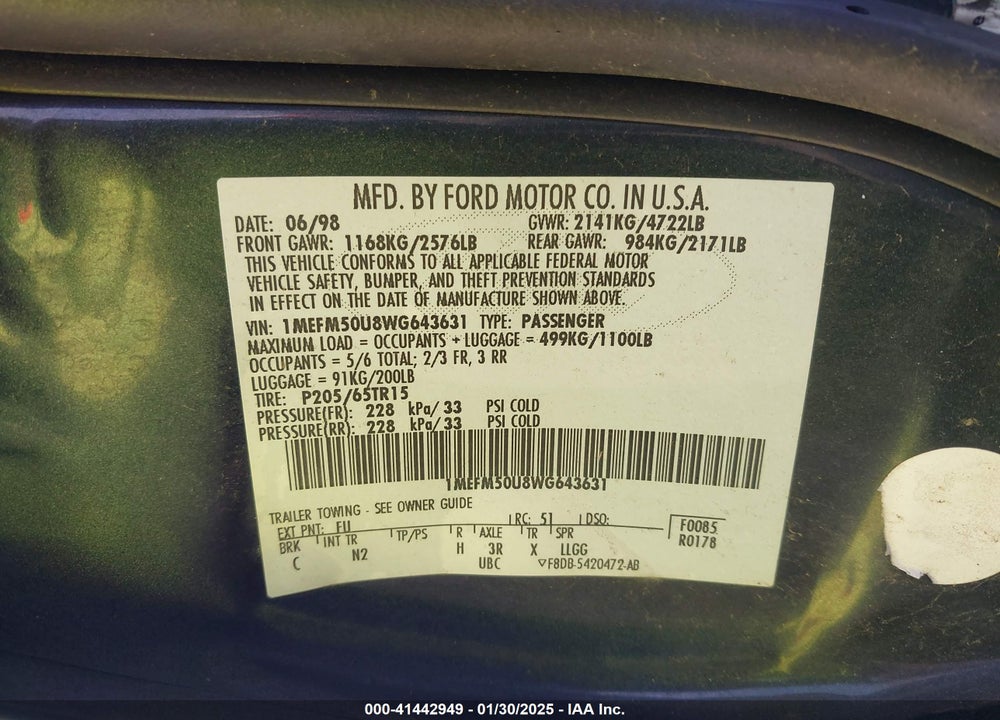 1998 MERCURY SABLE GS/LS VIN: 1MEFM50U8WG643631