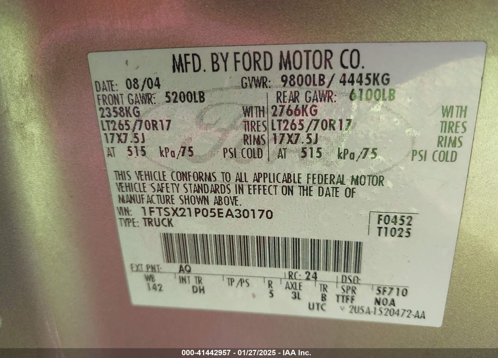 2005 FORD F-250 VIN: 1FTSX21P05EA30170