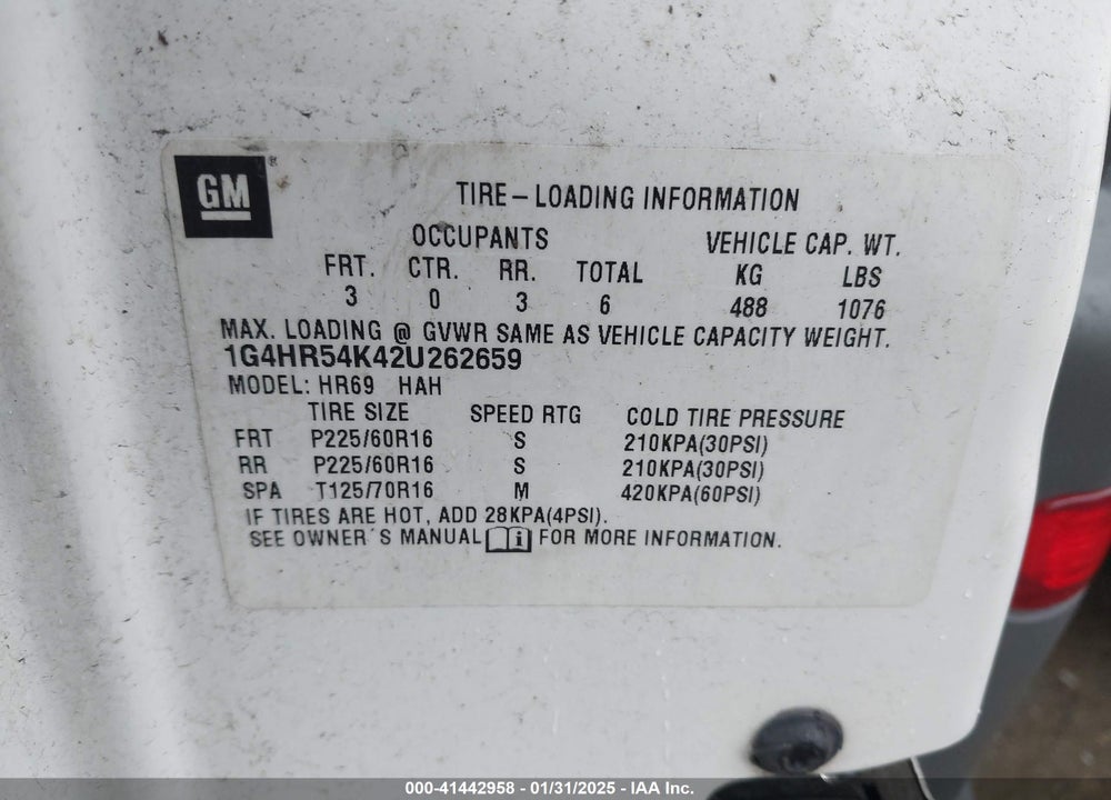 2002 BUICK LESABRE VIN: 1G4HR54K42U262659