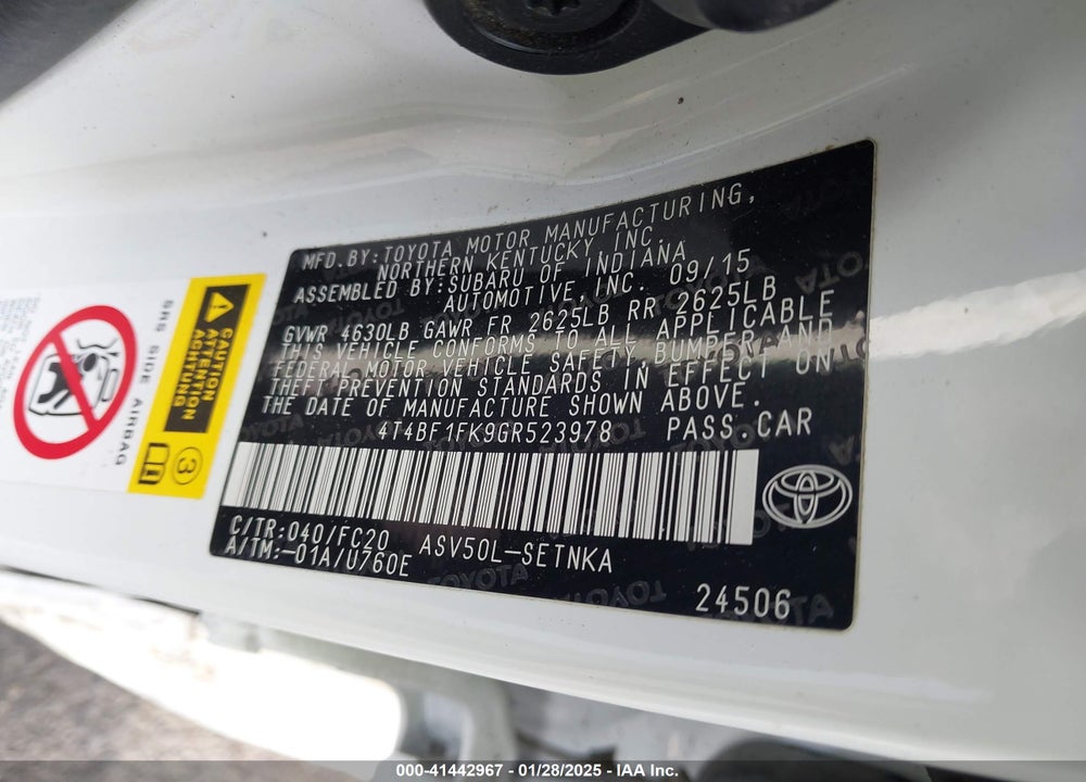 2016 TOYOTA CAMRY VIN: 4T4BF1FK9GR523978