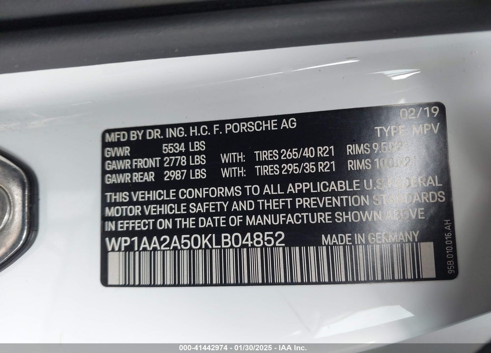 2019 PORSCHE MACAN VIN: WP1AA2A50KLB04852