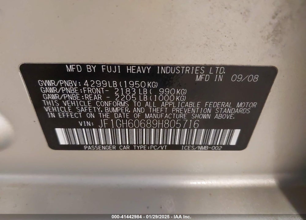 2009 SUBARU IMPREZA WAGON VIN: JF1GH60689H805716