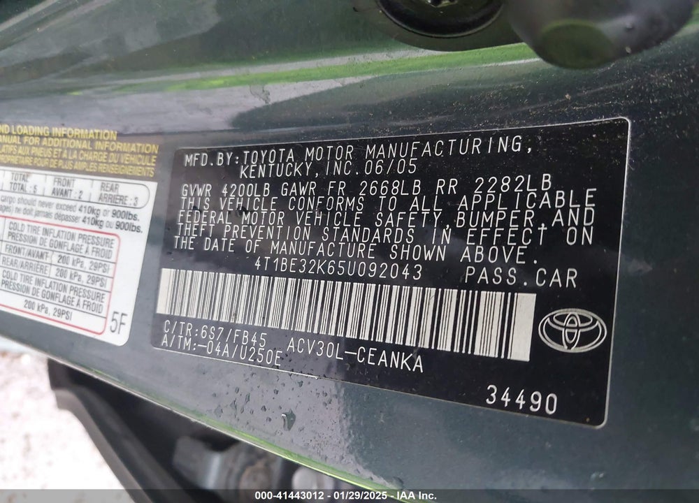 2005 TOYOTA CAMRY LE VIN: 4T1BE32K65U092043