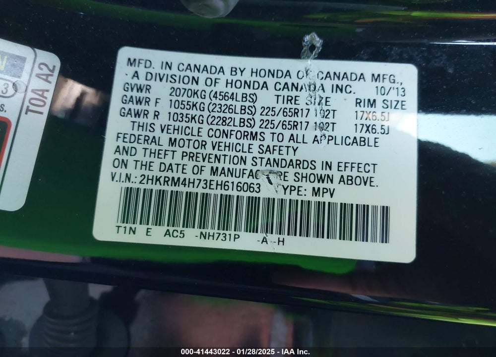 2014 HONDA CR-V EX-L VIN: 2HKRM4H73EH616063