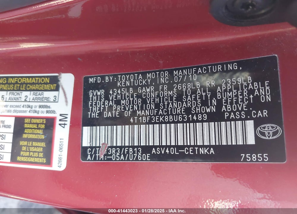 2011 TOYOTA CAMRY LE VIN: 4T1BF3EK8BU631489