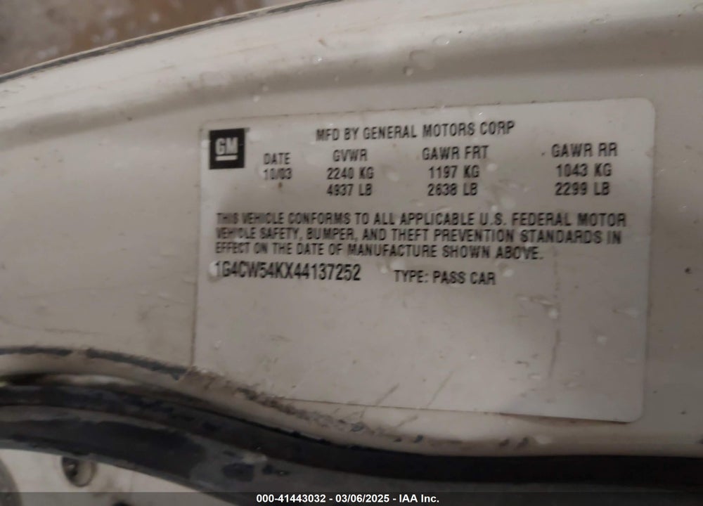 2004 BUICK PARK AVENUE VIN: 1G4CW54KX44137252