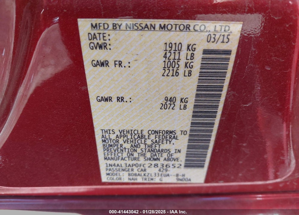 2015 NISSAN ALTIMA 2.5 SV VIN: 1N4AL3AP0FC283652