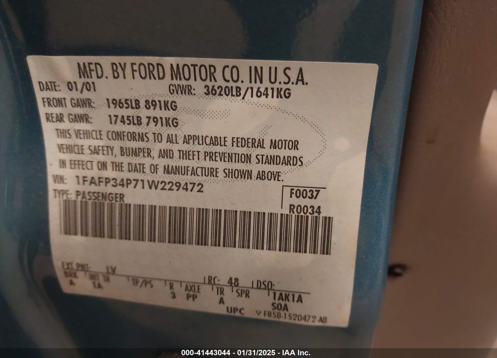 2001 FORD FOCUS SE VIN: 1FAFP34P71W229472