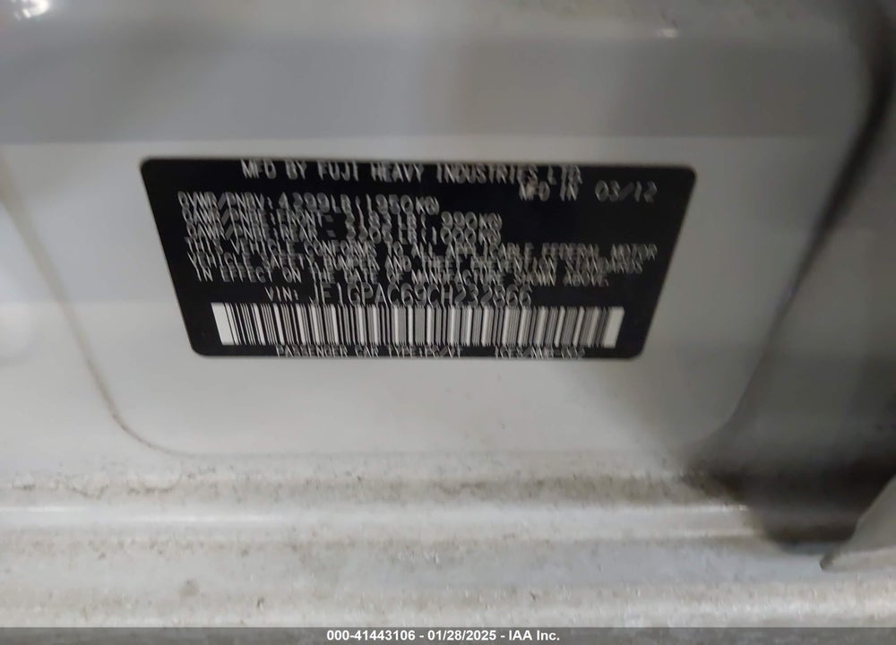 2012 SUBARU IMPREZA VIN: JF1GPAC69CH232866
